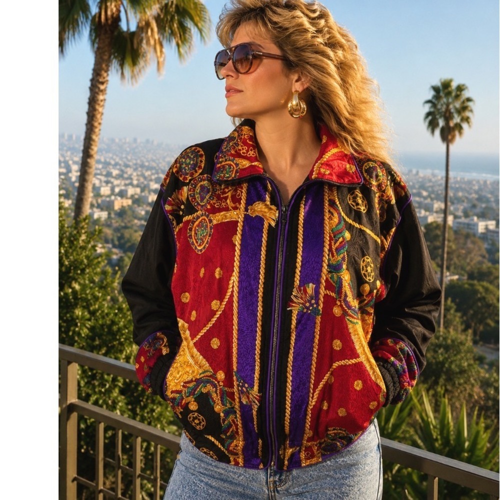 Vintage 90s Winterset Chain Print Bomber Jacket Gold Tassel Windbreaker Sz med‎